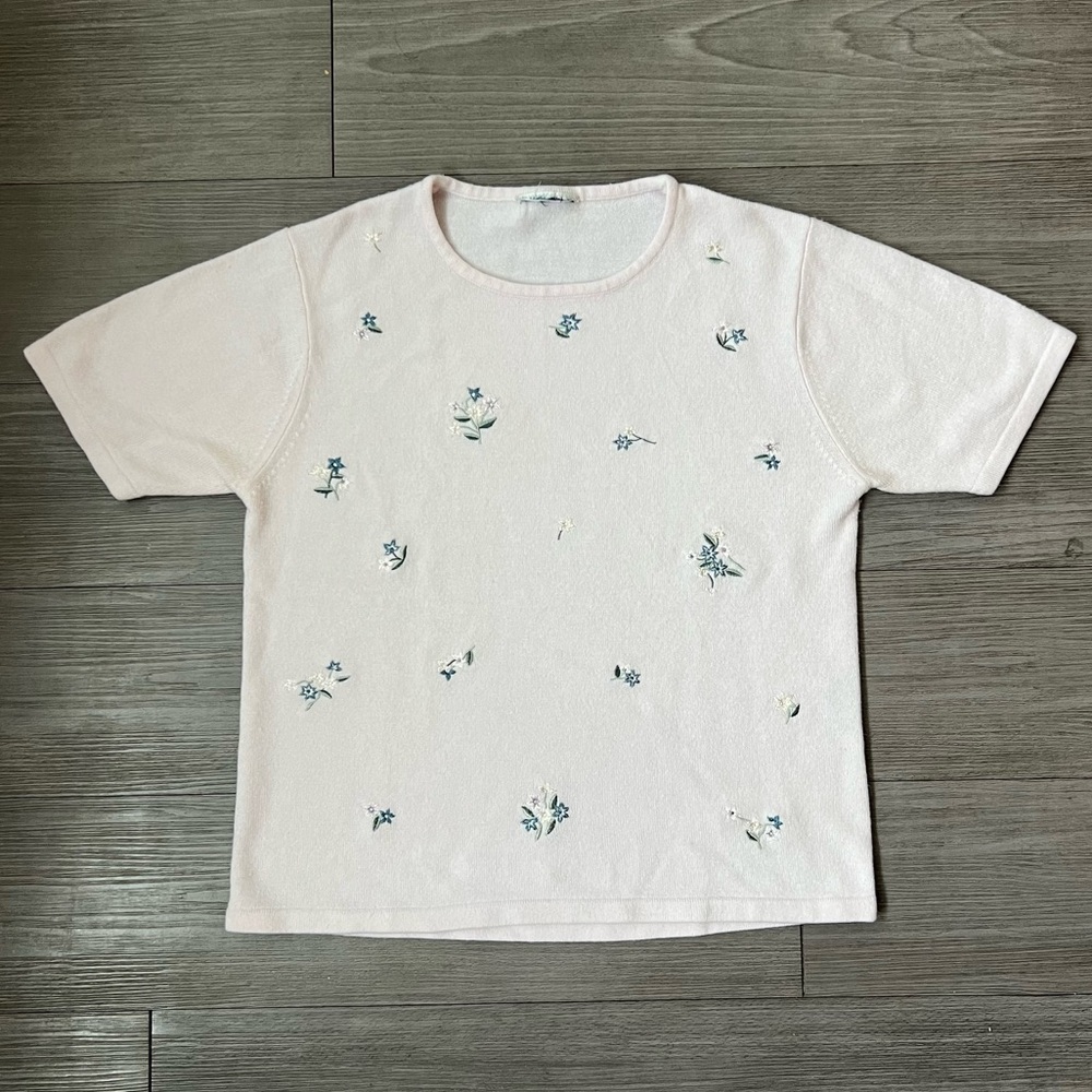 Vintage Baby Pink Short Sleeve Sweater Top With Floral Embroidery